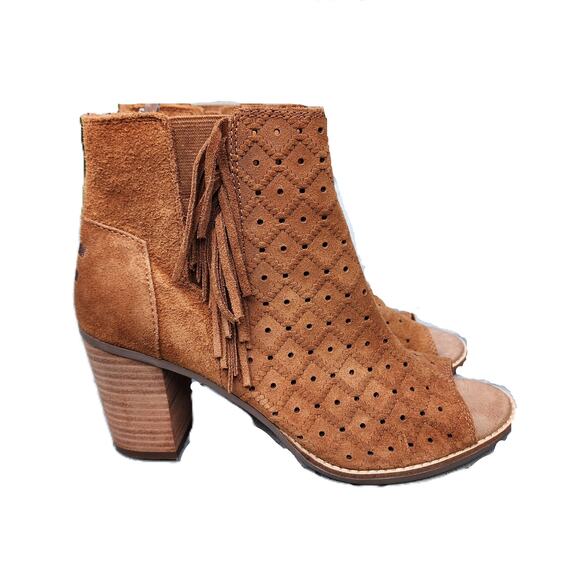 TOMS Majorca Suede Fringe Perforated Peep Toe Ankle Booties 9.5 - Picture 2 of 11